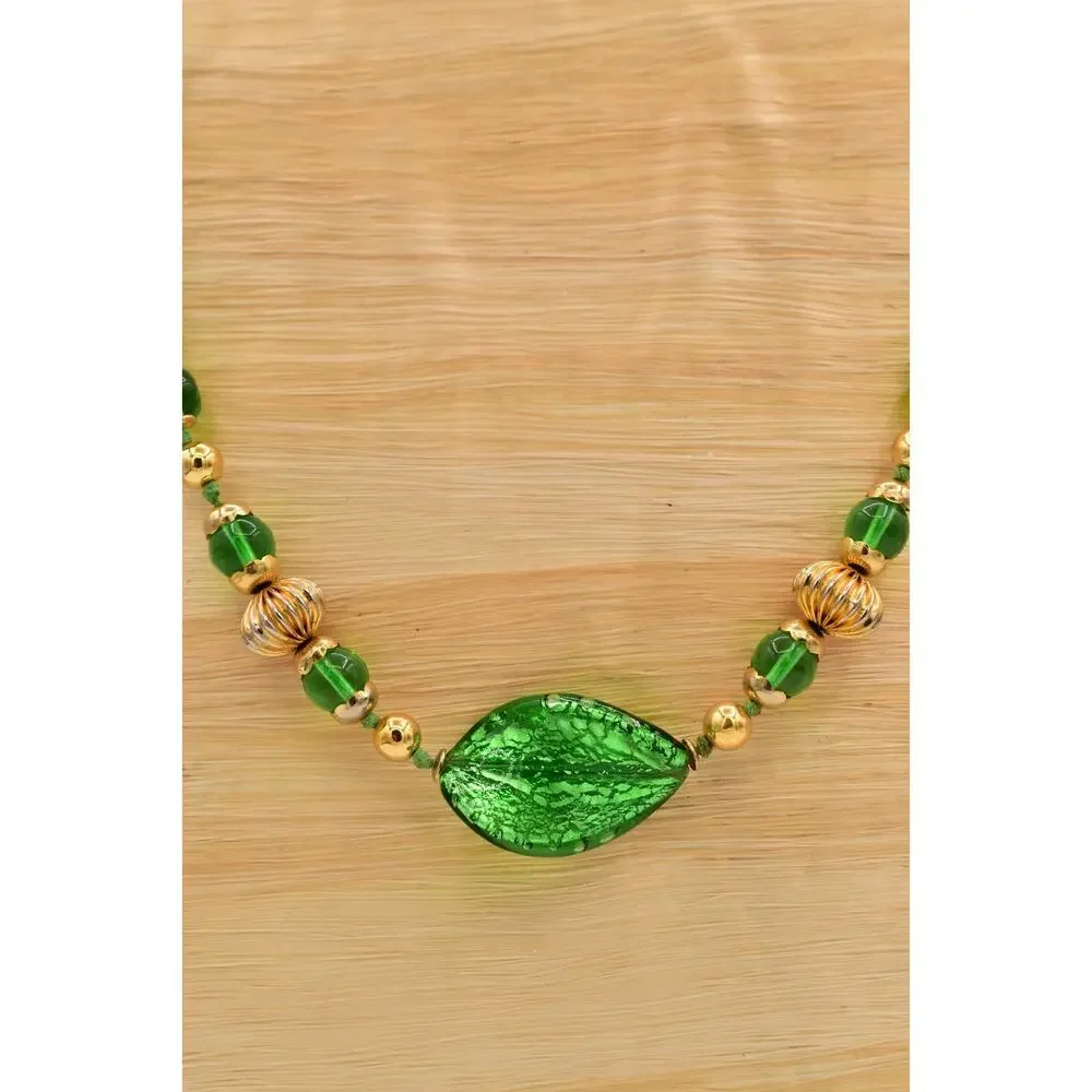 Vintage Artisan Glass Beaded Necklace Green Leaf Gold Fall Autumn 1980s BinBL